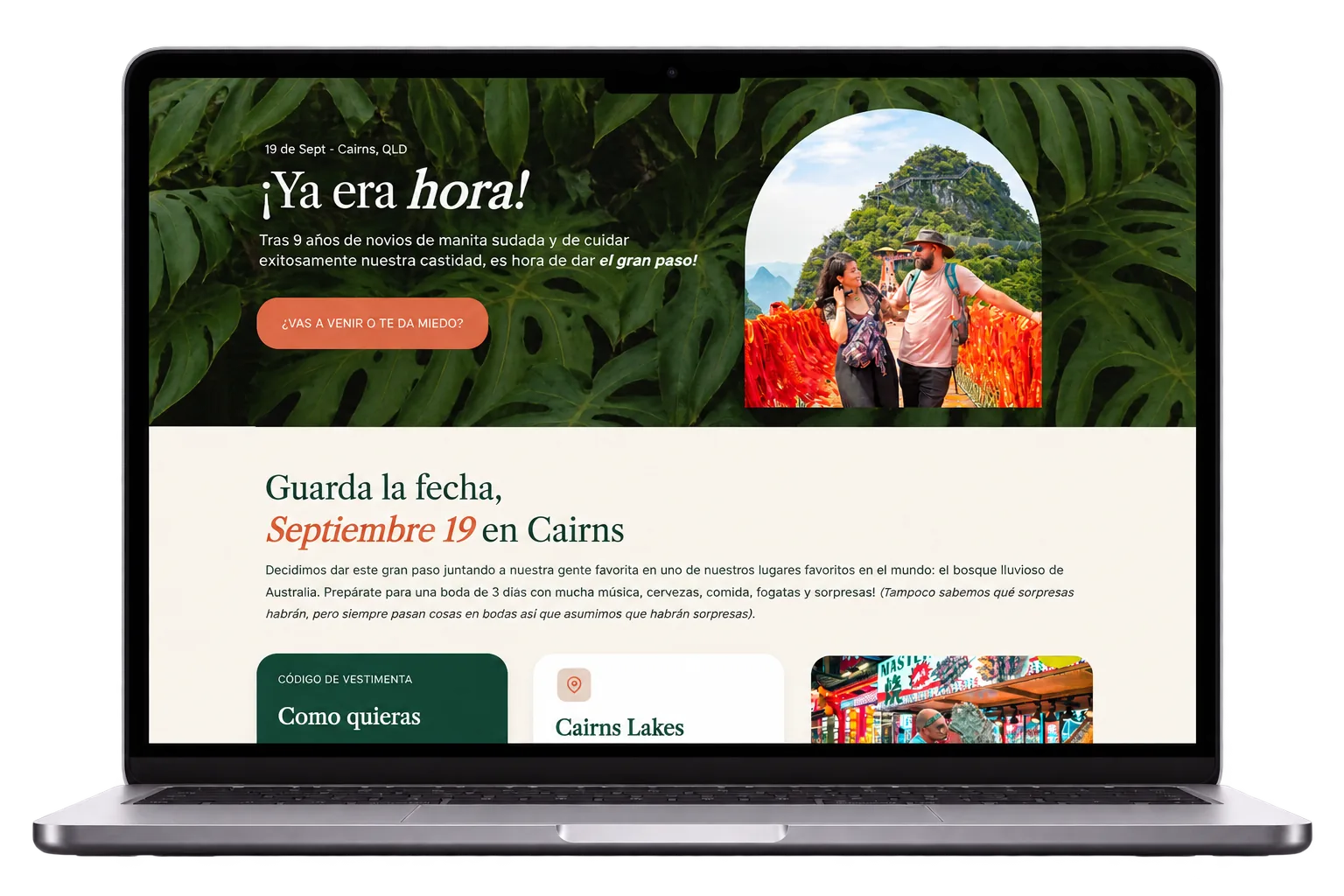 Ejemplo de invitación digital creada con la IA de Hostinger, vista en laptop